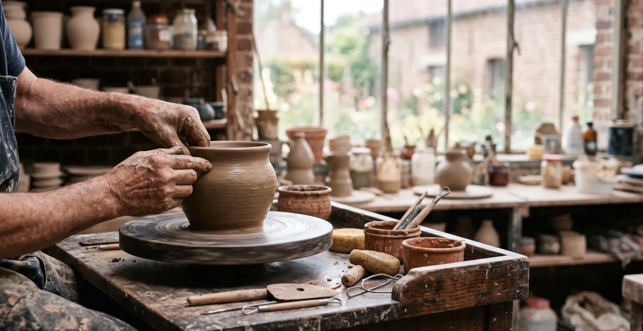 Mains d'un artisan belge façonnant une pièce unique en atelier, entourée d'objets créatifs variés