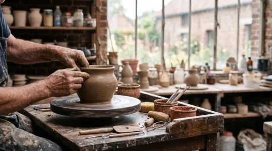 Mains d'un artisan belge façonnant une pièce unique en atelier, entourée d'objets créatifs variés