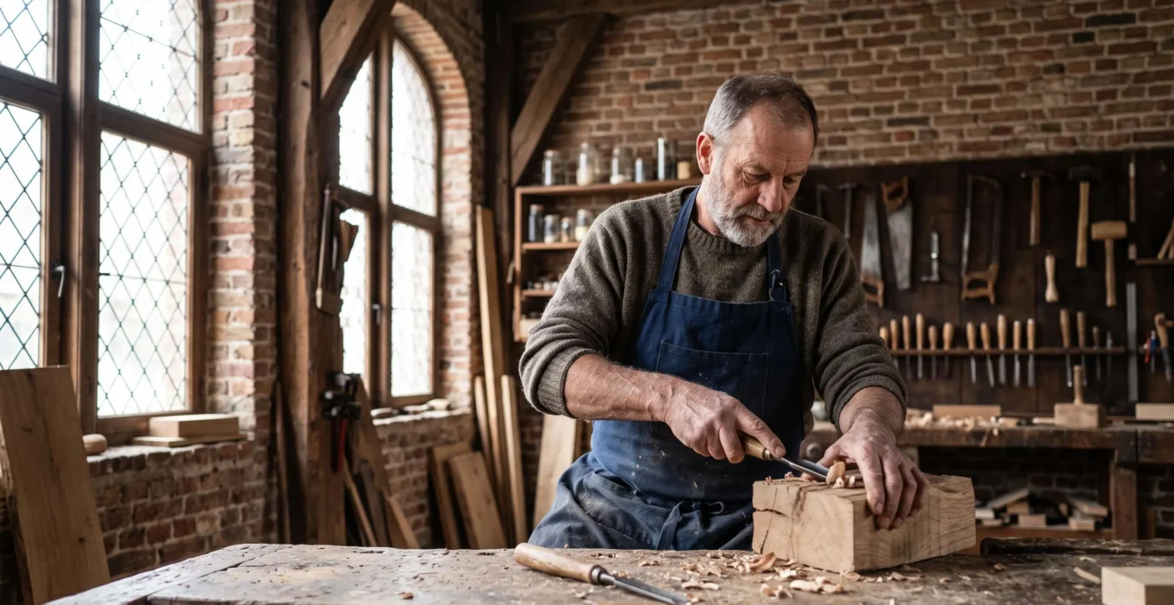 Gros plan sur les mains d'un maître artisan belge travaillant une matière noble dans un atelier traditionnel baigné de lumière naturelle