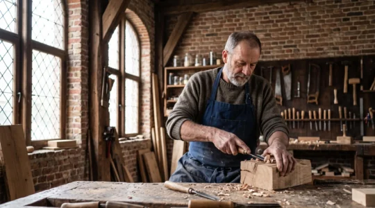 Gros plan sur les mains d'un maître artisan belge travaillant une matière noble dans un atelier traditionnel baigné de lumière naturelle