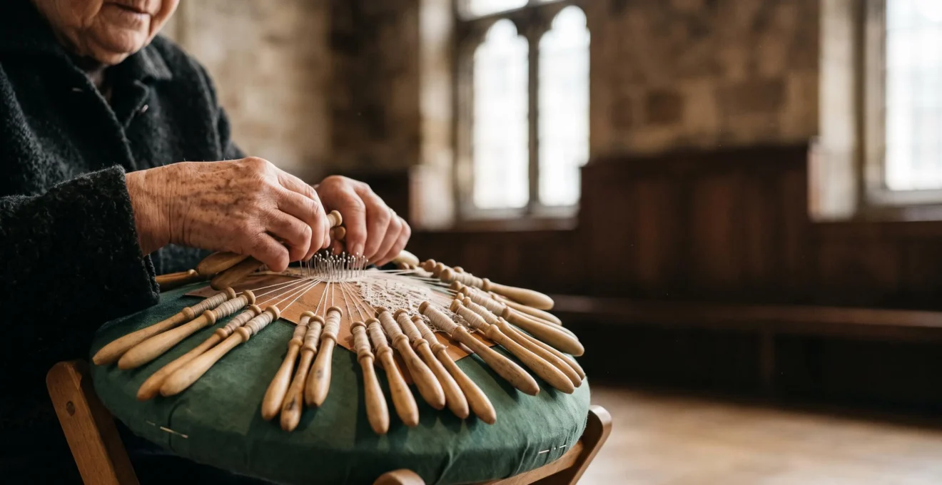 Mains d'un artisan âgé manipulant des fuseaux de dentelle traditionnelle, symbole des métiers d'art belges menacés de disparition