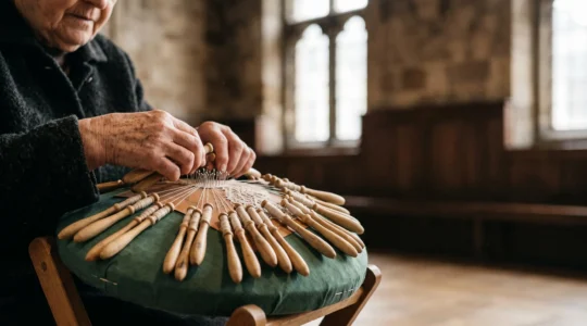 Mains d'un artisan âgé manipulant des fuseaux de dentelle traditionnelle, symbole des métiers d'art belges menacés de disparition