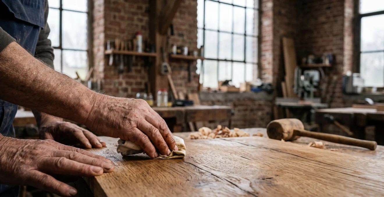 Mains d'un artisan belge finissant à la main un meuble en chêne massif dans un atelier baigné de lumière naturelle