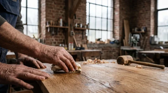 Mains d'un artisan belge finissant à la main un meuble en chêne massif dans un atelier baigné de lumière naturelle