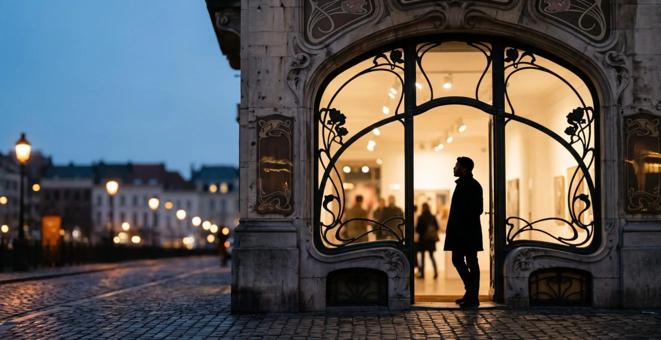 Silhouette contemplant le seuil d'une galerie d'art bruxelloise illuminee au crepuscule, symbole d'une annee culturelle planifiee