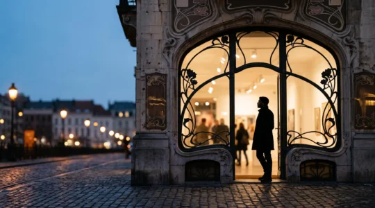 Silhouette contemplant le seuil d'une galerie d'art bruxelloise illuminee au crepuscule, symbole d'une annee culturelle planifiee