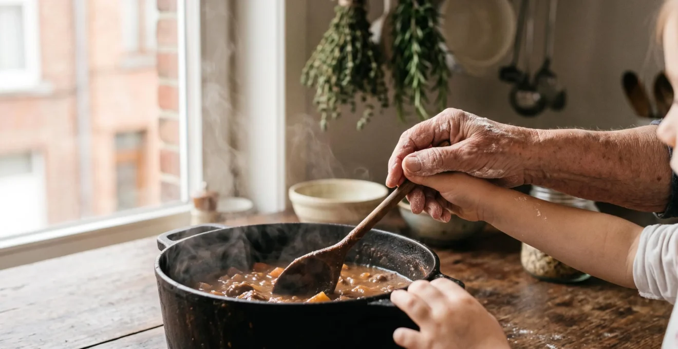 Mains ridées d'une grand-mère guidant les mains d'un enfant au-dessus d'un plat traditionnel belge mijoté, symbole de transmission culinaire.