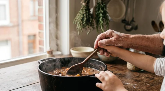 Mains ridées d'une grand-mère guidant les mains d'un enfant au-dessus d'un plat traditionnel belge mijoté, symbole de transmission culinaire.