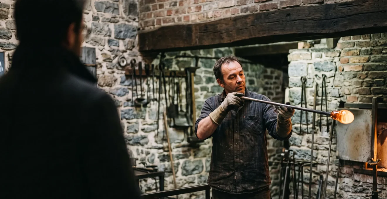 Un artisan verrier belge concentré façonne une pièce en fusion sous le regard attentif d'un visiteur, révélant la complexité technique cachée derrière l'œuvre finie