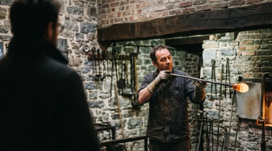 Un artisan verrier belge concentré façonne une pièce en fusion sous le regard attentif d'un visiteur, révélant la complexité technique cachée derrière l'œuvre finie