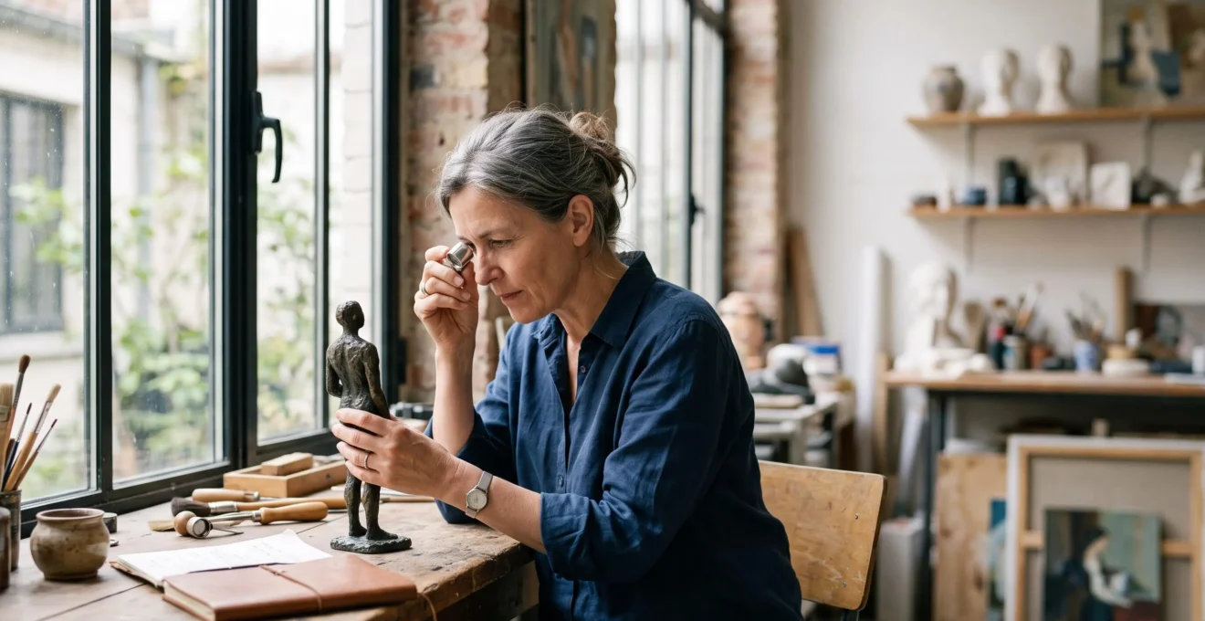 Un expert examine à la loupe une sculpture en bronze dans un atelier baigné de lumière naturelle pour vérifier son authenticité