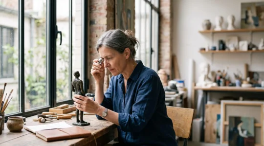Un expert examine à la loupe une sculpture en bronze dans un atelier baigné de lumière naturelle pour vérifier son authenticité