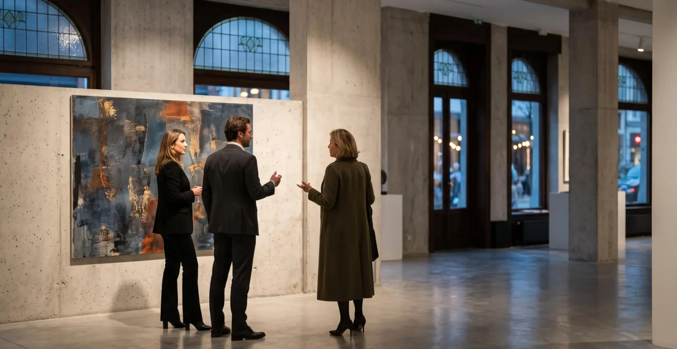 Invites elegants observant une oeuvre d'art contemporain lors d'un vernissage prive exclusif dans une galerie bruxelloise