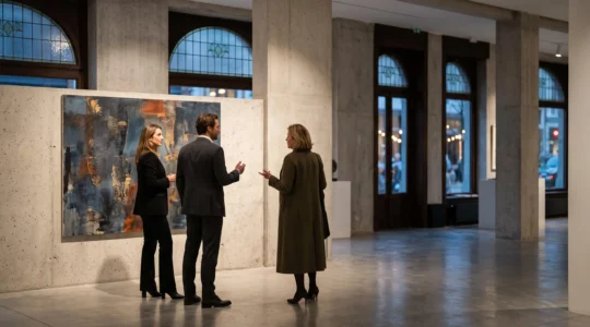 Invites elegants observant une oeuvre d'art contemporain lors d'un vernissage prive exclusif dans une galerie bruxelloise