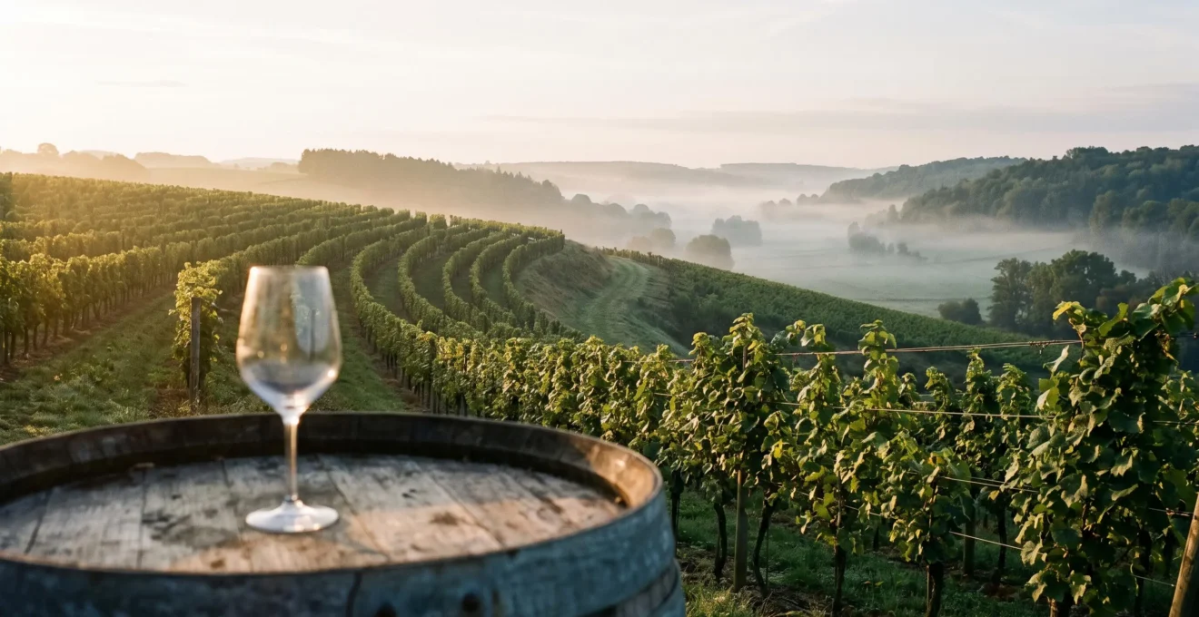 Vignoble vallonné en Wallonie au lever du jour, symbole de l'authenticite d'un vin de domaine belge
