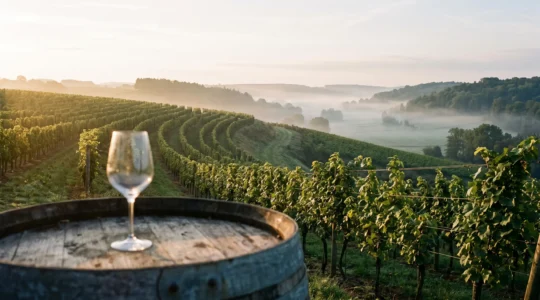 Vignoble vallonné en Wallonie au lever du jour, symbole de l'authenticite d'un vin de domaine belge