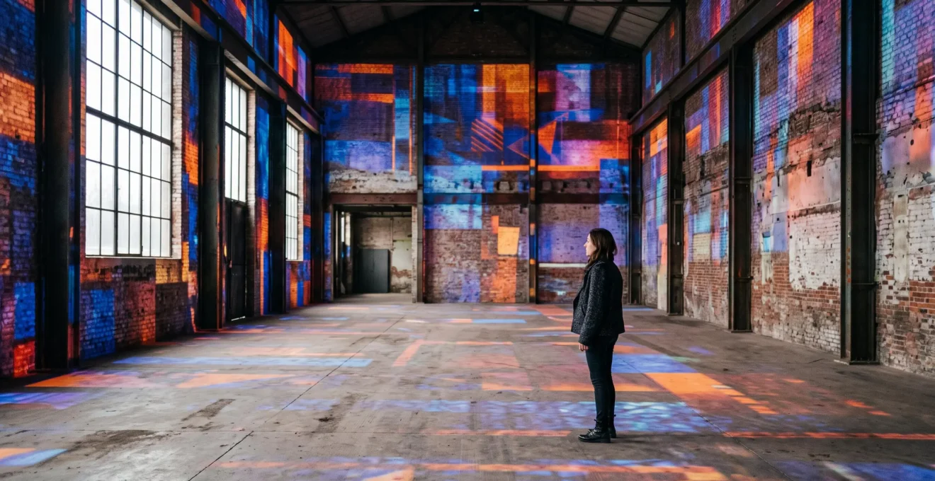 Une silhouette solitaire se tient au centre d'une vaste installation immersive baignée de lumière colorée, dans un ancien espace industriel bruxellois.
