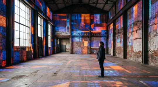 Une silhouette solitaire se tient au centre d'une vaste installation immersive baignée de lumière colorée, dans un ancien espace industriel bruxellois.