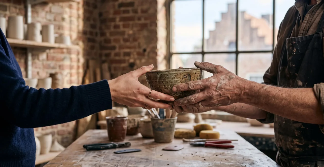 Échange direct d'une pièce en céramique artisanale entre les mains d'un artisan et celles d'un acheteur dans un atelier belge baigné de lumière naturelle