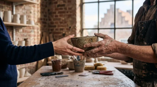 Échange direct d'une pièce en céramique artisanale entre les mains d'un artisan et celles d'un acheteur dans un atelier belge baigné de lumière naturelle