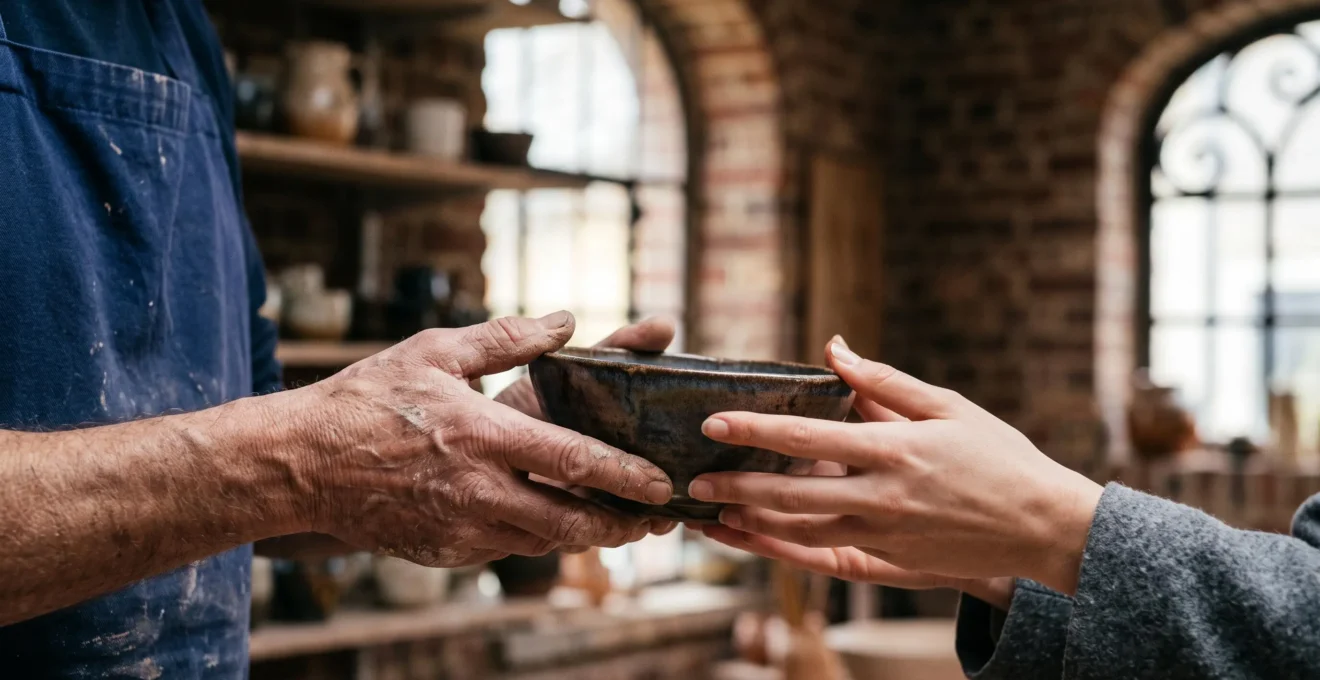 Gros plan symbolique sur un échange de mains entre un artisan belge et un client tenant un objet fait main