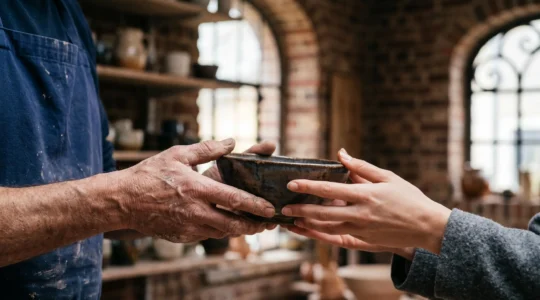 Gros plan symbolique sur un échange de mains entre un artisan belge et un client tenant un objet fait main