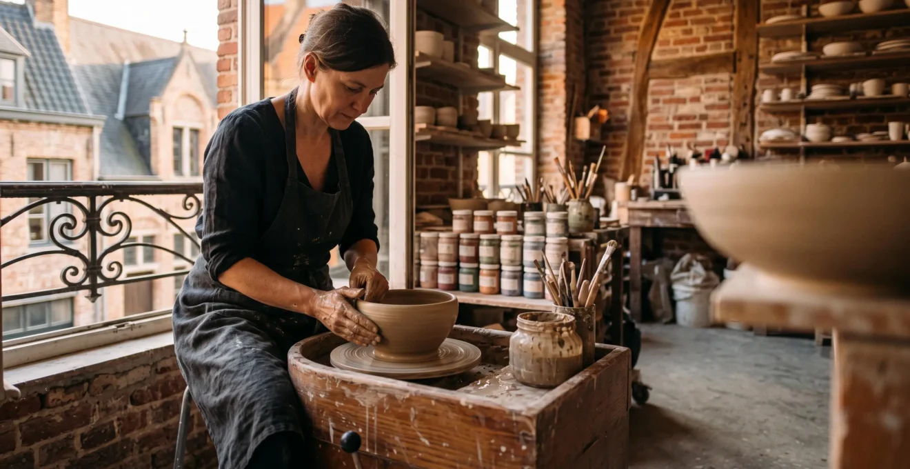 Artisan belge façonnant un objet en céramique dans un atelier baigné de lumière naturelle, symbole de l'économie créative locale