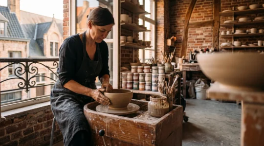 Artisan belge façonnant un objet en céramique dans un atelier baigné de lumière naturelle, symbole de l'économie créative locale