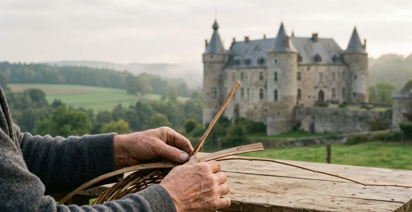 Photographie éditoriale mettant en parallèle les mains d'un artisan et un château belge en arrière-plan, symbolisant deux formes de patrimoine