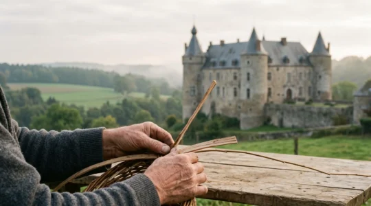 Photographie éditoriale mettant en parallèle les mains d'un artisan et un château belge en arrière-plan, symbolisant deux formes de patrimoine