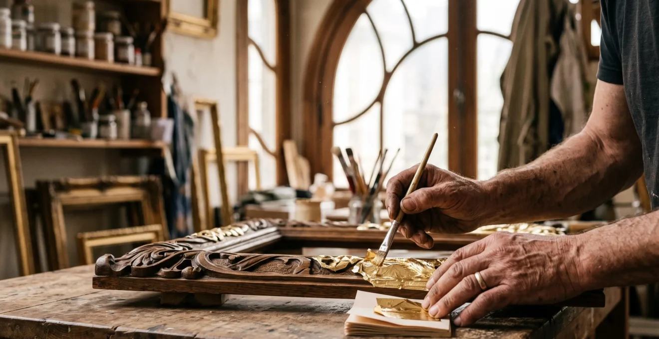 Mains d'un artisan doreur belge appliquant une feuille d'or dans un atelier baigné de lumière naturelle, symbole du prestige menacé des métiers d'art