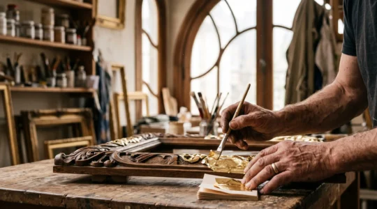 Mains d'un artisan doreur belge appliquant une feuille d'or dans un atelier baigné de lumière naturelle, symbole du prestige menacé des métiers d'art
